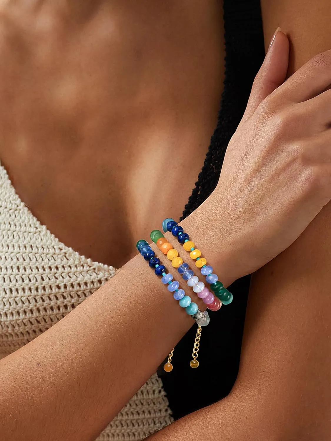 Gemstone Beaded Bracelet for Women Colorful Natural Stone Freshwater Pearl Surfer Beach Rainbow Bracelet Jewelry Gift