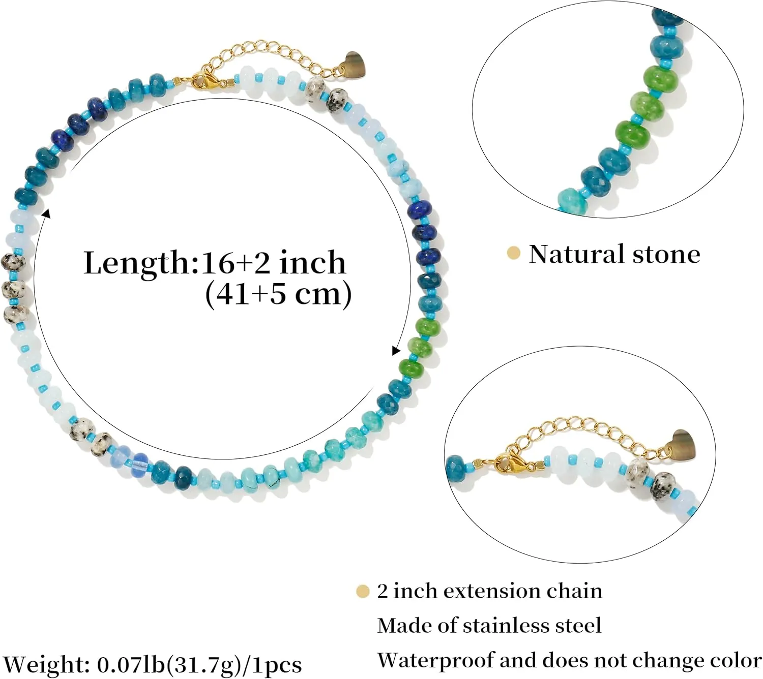 Gemstone Beaded Necklace for Women Colorful Natural Stone Freshwater Pearl Surfer Beach Rainbow Necklace Jewelry Gift