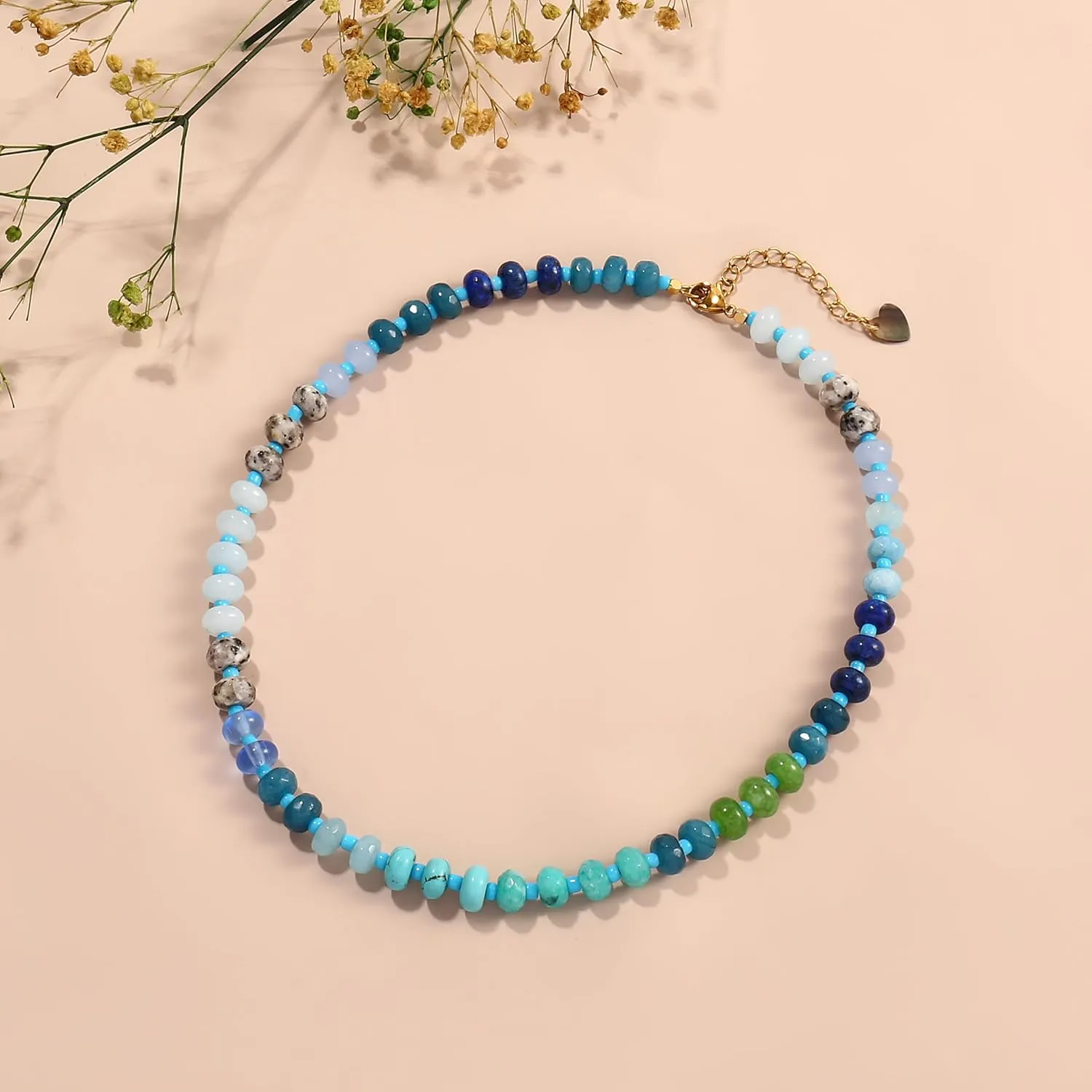 Gemstone Beaded Necklace for Women Colorful Natural Stone Freshwater Pearl Surfer Beach Rainbow Necklace Jewelry Gift