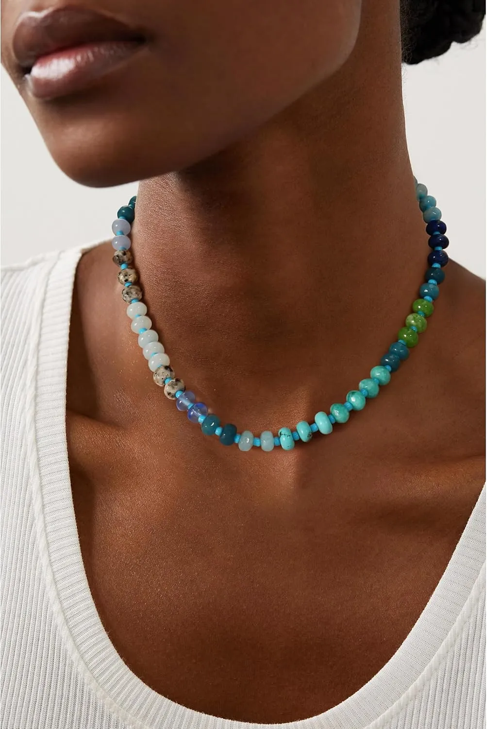 Gemstone Beaded Necklace for Women Colorful Natural Stone Freshwater Pearl Surfer Beach Rainbow Necklace Jewelry Gift