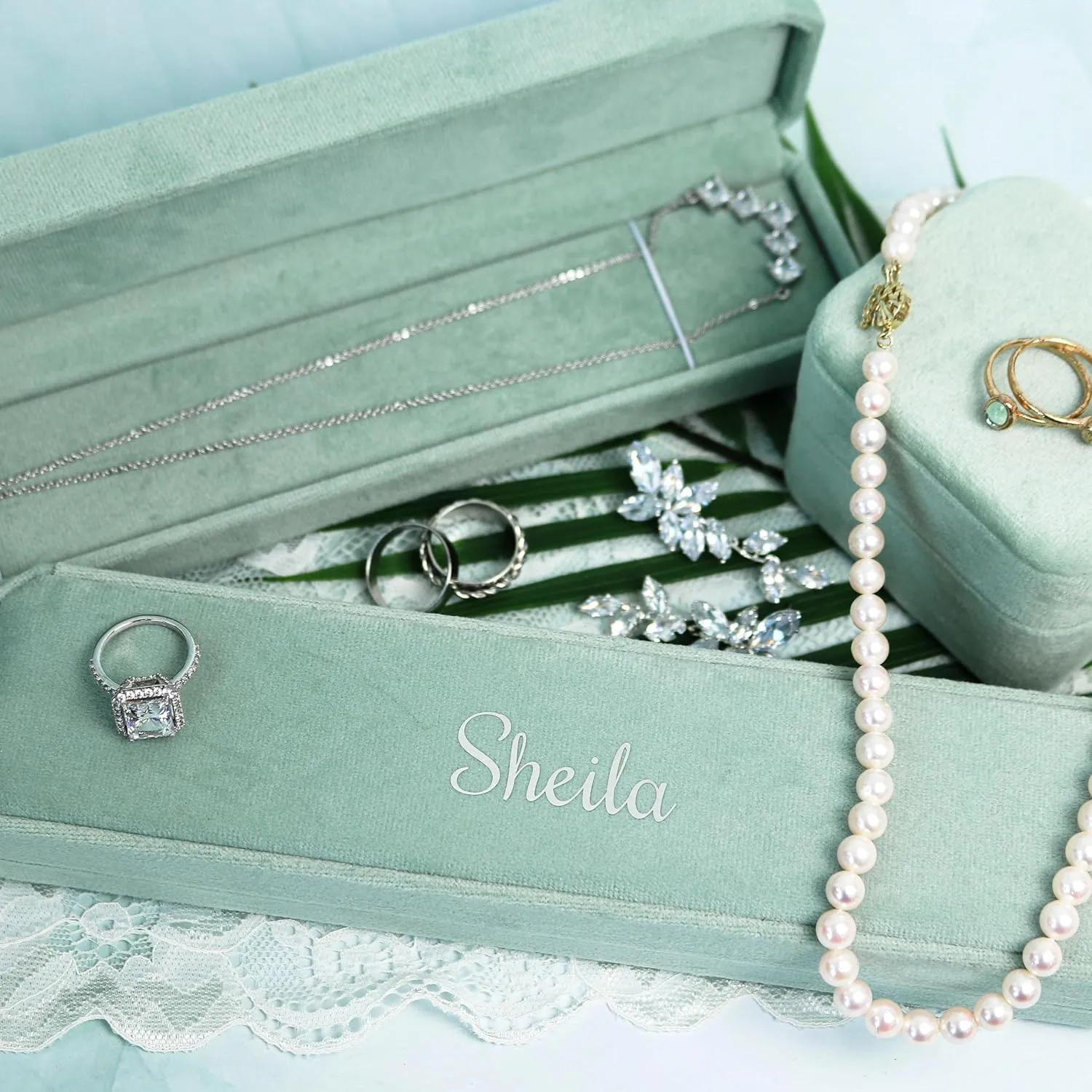Generic Jewelry Box (Mint Green, Necklace) - Customizable Velvet Jewelry Storage, Travel Jewelry Organizer, Small Jewelry Organizer for Women and Girls