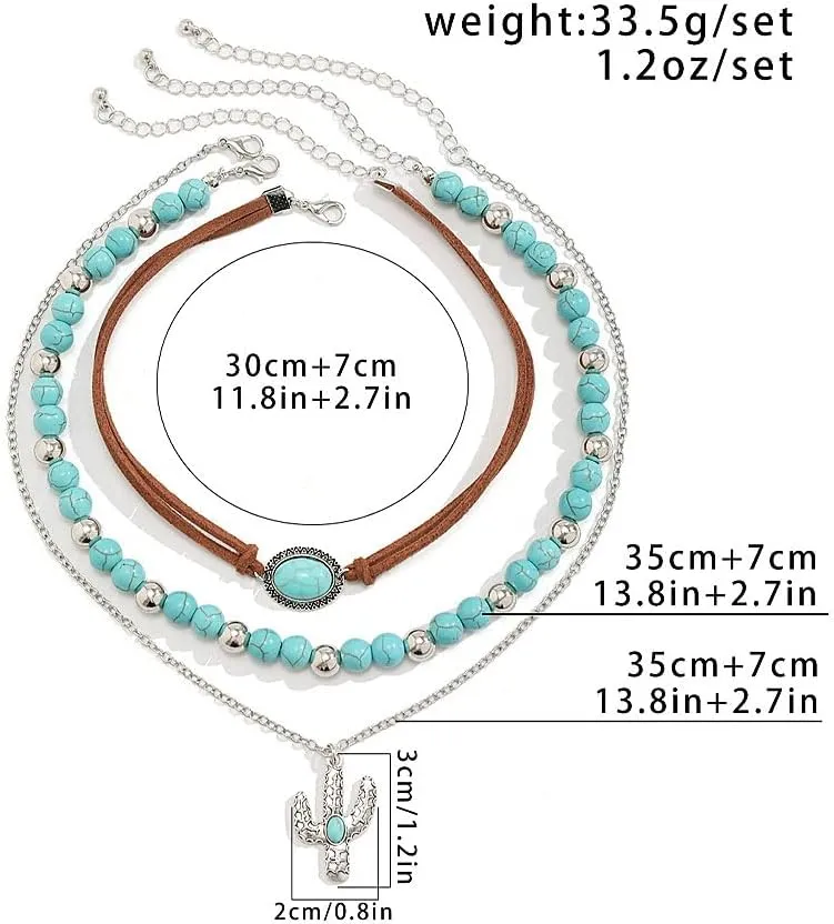 GIGB PBDK Boho Western Necklaces for Women,Turquoise Beaded Layered Necklaces Vintage Cow Cactus Pendant Choker Necklace Set,Cowgirl Jewelry Accessories Gifts