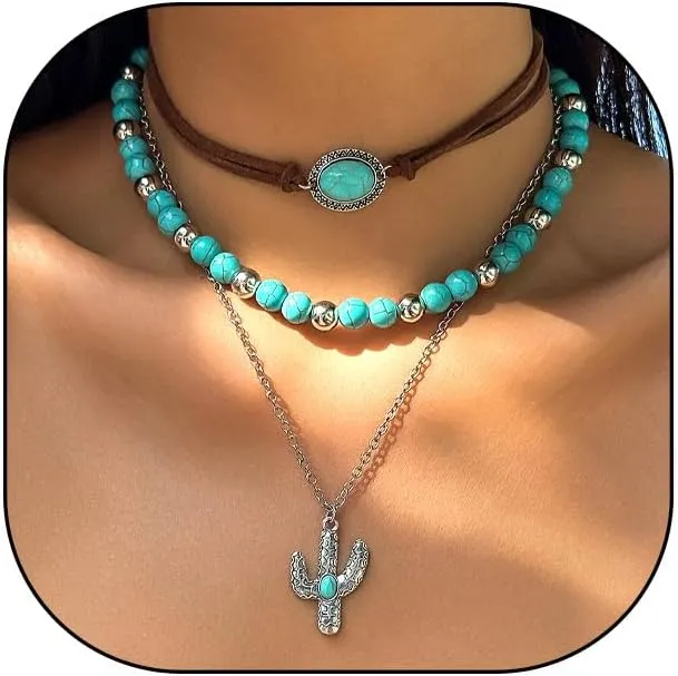GIGB PBDK Boho Western Necklaces for Women,Turquoise Beaded Layered Necklaces Vintage Cow Cactus Pendant Choker Necklace Set,Cowgirl Jewelry Accessories Gifts