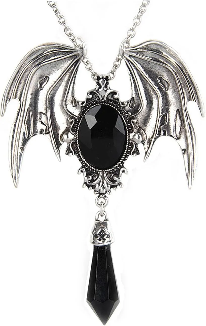 GIGB PBDK Goth Crystal Bat Pendant Necklace for Women Men,Vintage Silver Geometric Big Vampire Bat Chain Necklaces,Gothic Animal Jewelry Halloween Gifts