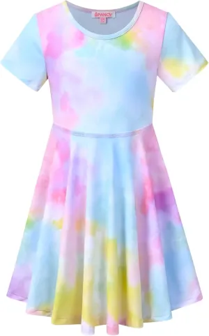 Girls Unicorn Dresses Summer Swing Short Sleeve Casual Clothes for Little Kids