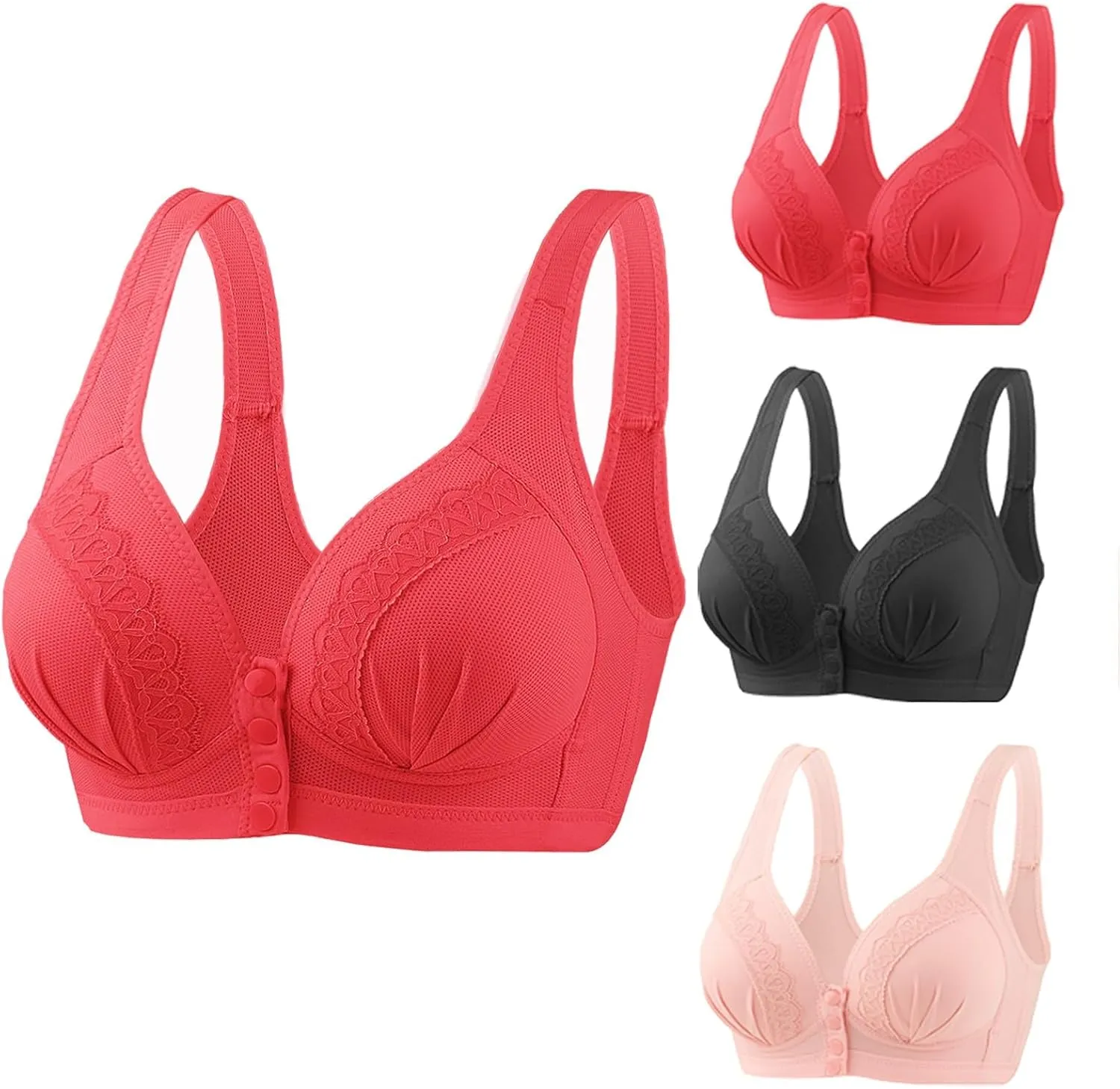 Glamorette Snap Front Bra for Older Women - Sexy Lace Embroidered Pull-On Front Closure Button Bra