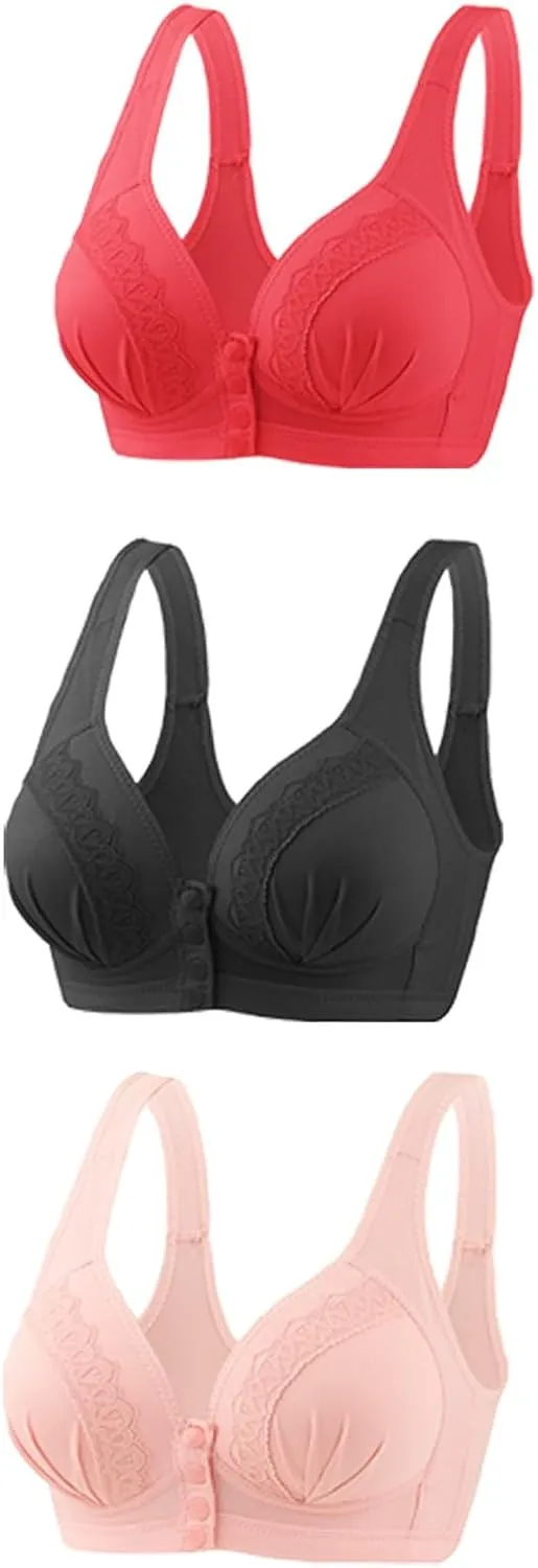 Glamorette Snap Front Bra for Older Women - Sexy Lace Embroidered Pull-On Front Closure Button Bra
