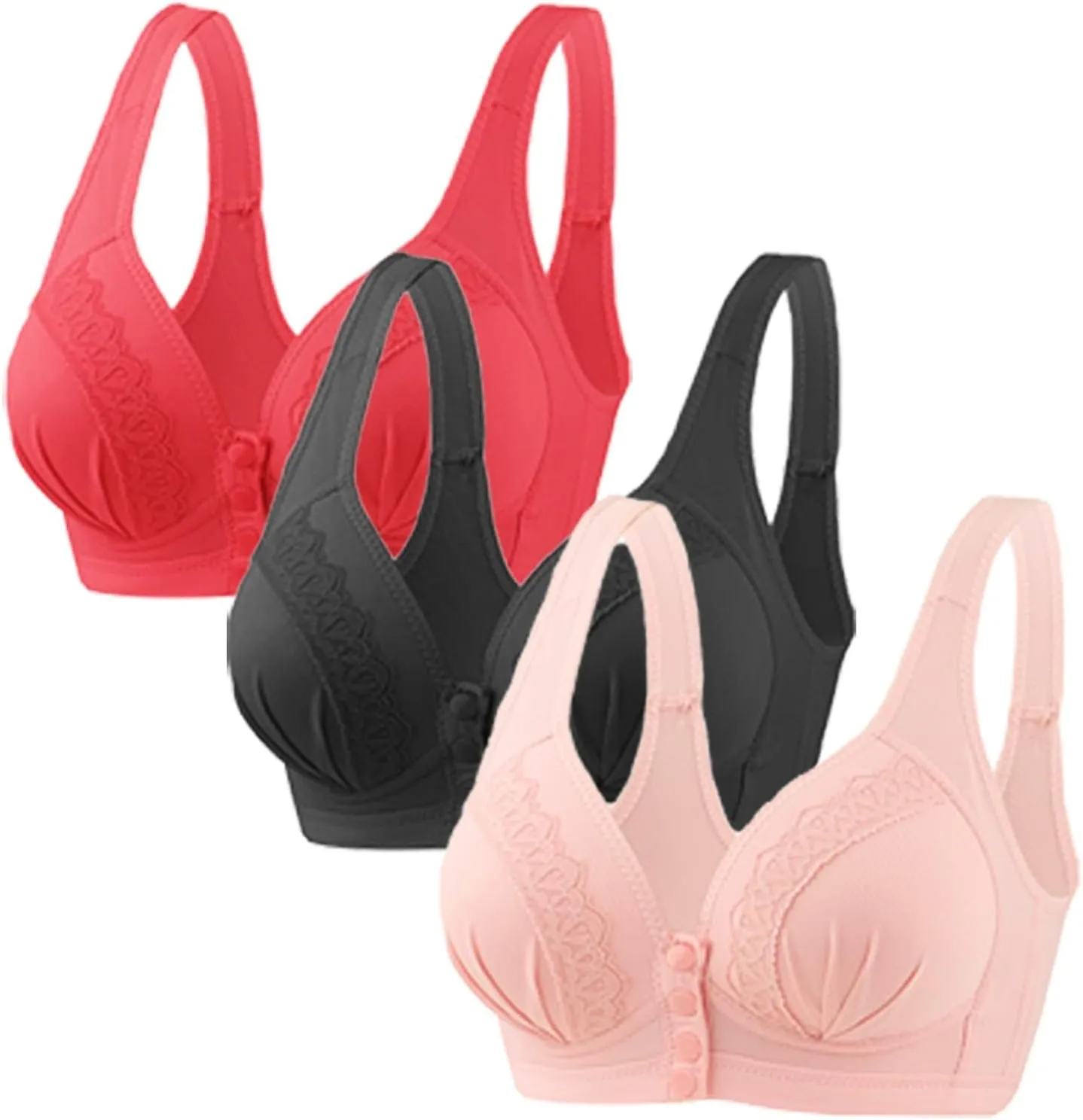 Glamorette Snap Front Bra for Older Women - Sexy Lace Embroidered Pull-On Front Closure Button Bra