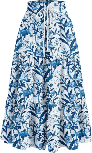 GOFULY Maxi Skirts for Women Boho Floral Print A-Line Long High Waisted Skirts Summer Drawstring Pleated Tiered Western Skirt