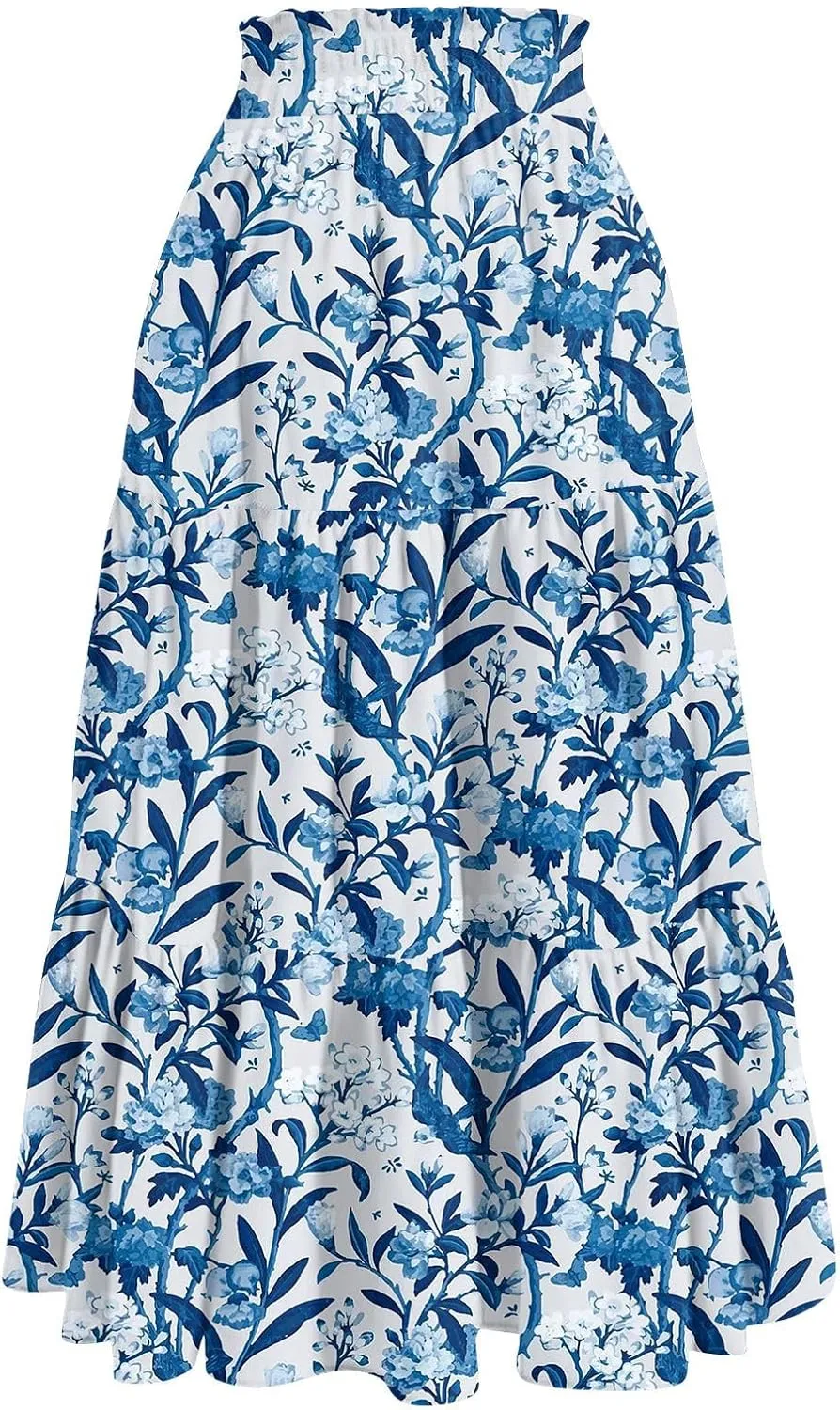 GOFULY Maxi Skirts for Women Boho Floral Print A-Line Long High Waisted Skirts Summer Drawstring Pleated Tiered Western Skirt