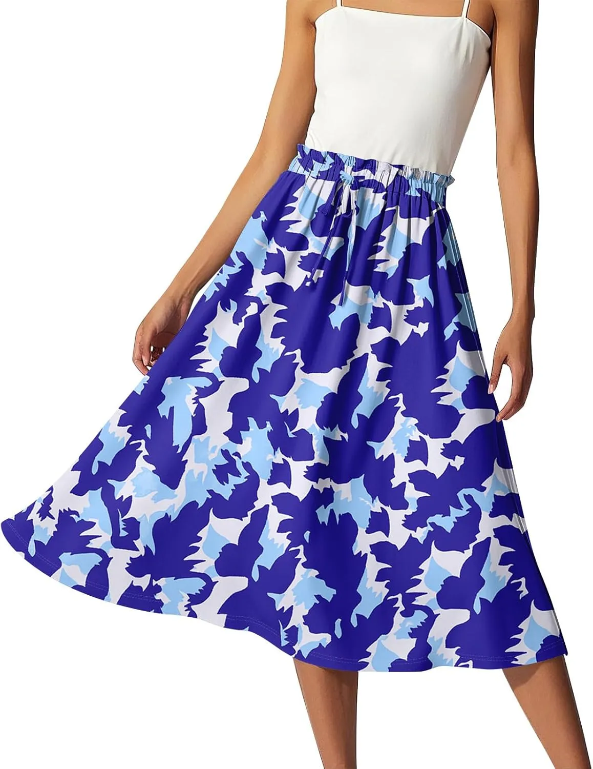 GOFULY Midi Skirts for Women Boho Summer Floral Print A Line Knee Skirt Drawstring Elastic High Waist Pleated Skirt