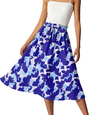 GOFULY Midi Skirts for Women Boho Summer Floral Print A Line Knee Skirt Drawstring Elastic High Waist Pleated Skirt