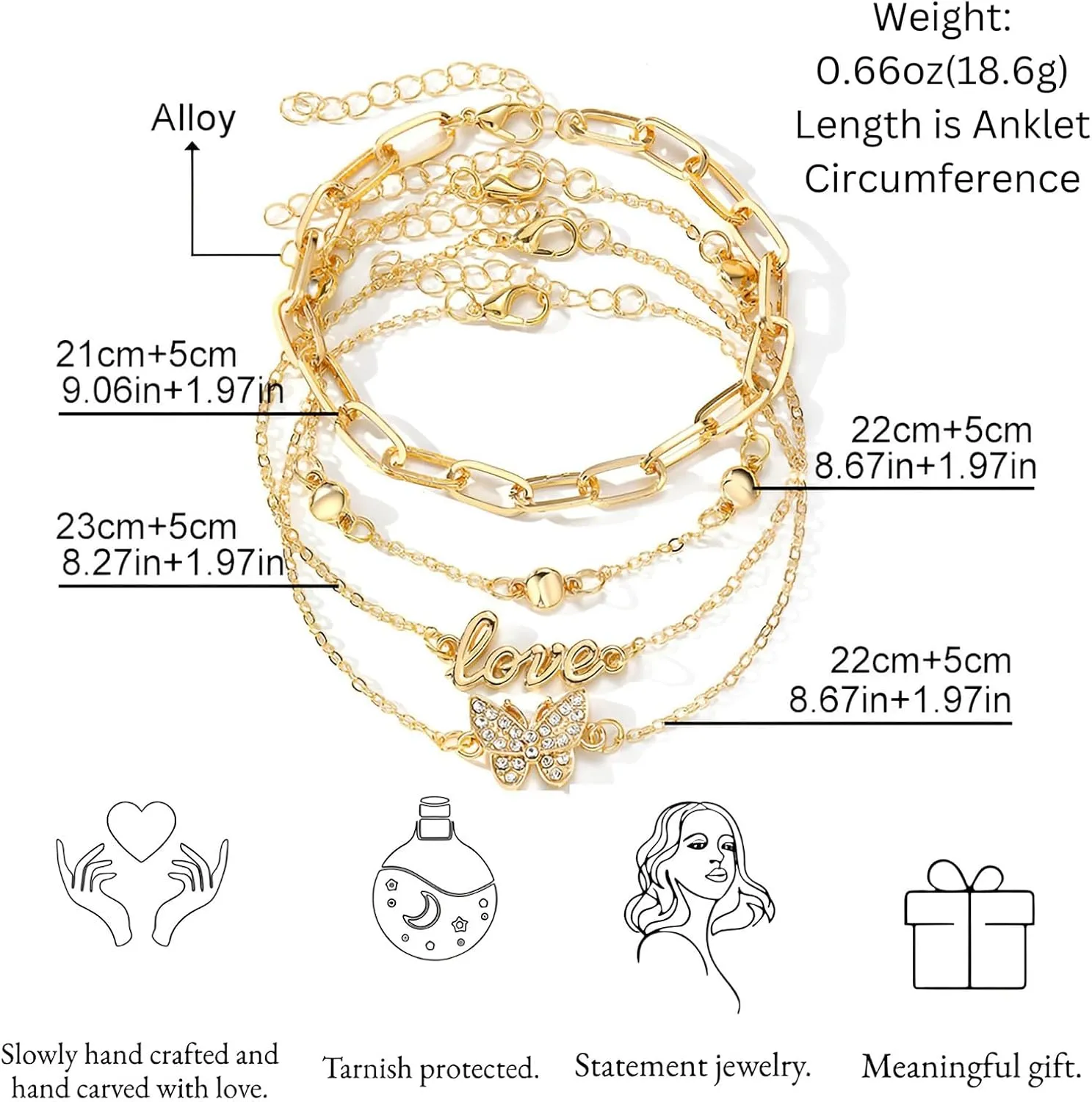 Gold & Silver-Plated Adjustable Anklets for Women Waterproof Summer Beach Layered Anklet Lightweight Gift for Mom