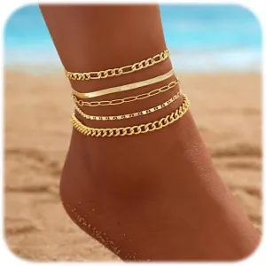 Gold Ankle Bracelets for Women Silver Beads Anklets Waterproof Cuban Link Anklet Set Layered Anklets Bracelet for Women Summer Beach Jewelry