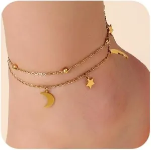Gold Ankle Bracelets for Women Waterproof Non Tarnish 14K Gold Plated Anklets for Women Layered Dainty Beaded Heart Cuban Link Star Moon Pearl Anklets Set Foot Chain Summer Beach Jewelry Gifts