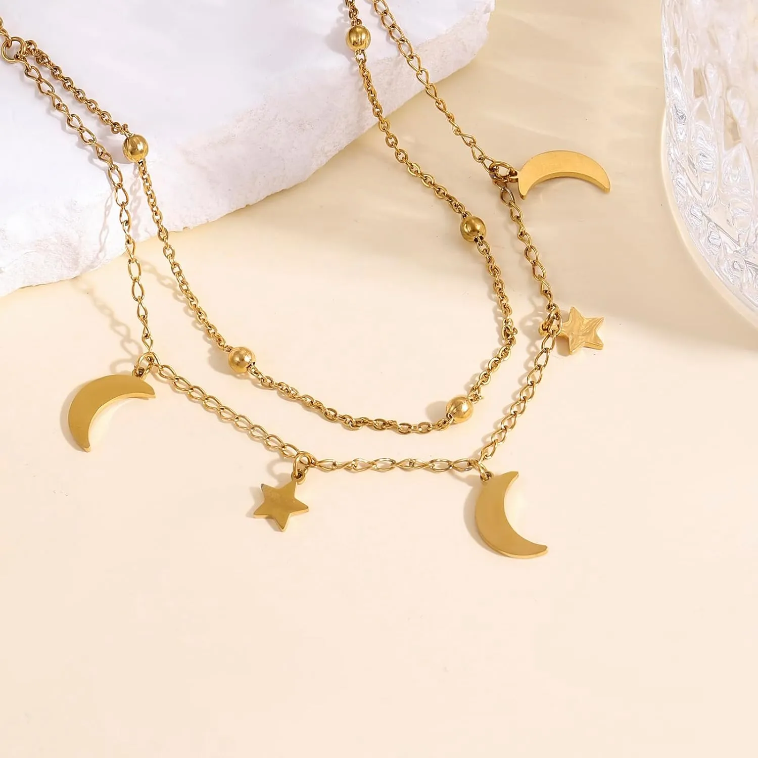 Gold Ankle Bracelets for Women Waterproof Non Tarnish 14K Gold Plated Anklets for Women Layered Dainty Beaded Heart Cuban Link Star Moon Pearl Anklets Set Foot Chain Summer Beach Jewelry Gifts
