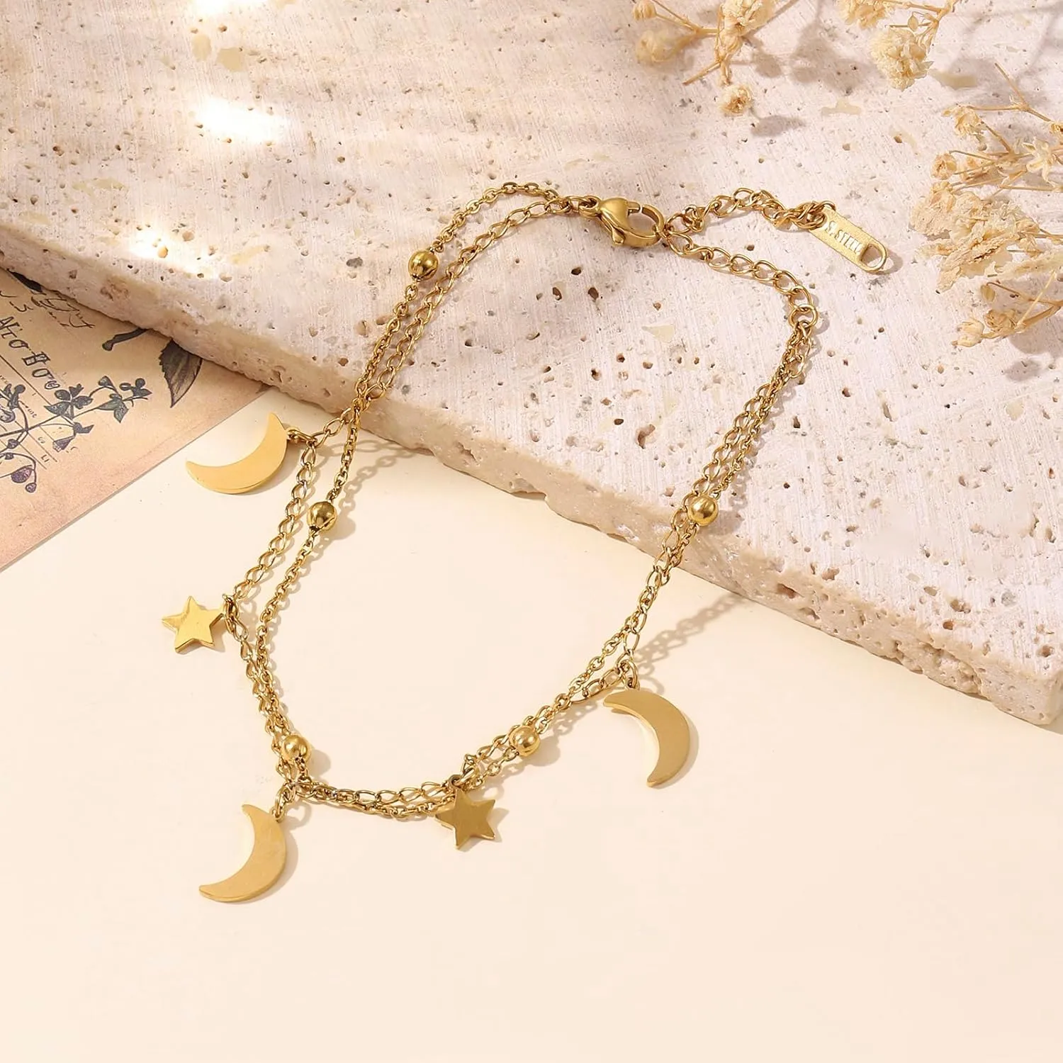 Gold Ankle Bracelets for Women Waterproof Non Tarnish 14K Gold Plated Anklets for Women Layered Dainty Beaded Heart Cuban Link Star Moon Pearl Anklets Set Foot Chain Summer Beach Jewelry Gifts