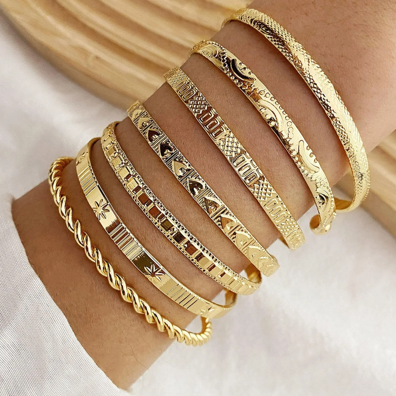 Gold Bangle Bracelets For Women 14k Gold Plated Multi Layer Stackable Cuff Bracelet Set Trendy Charms Minimalist Textured Boho Jewelry for Women