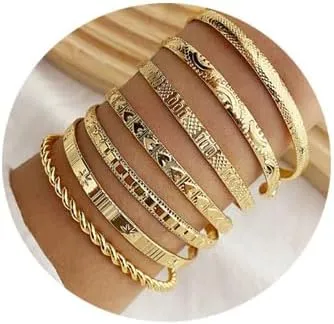 Gold Bangle Bracelets For Women 14k Gold Plated Multi Layer Stackable Cuff Bracelet Set Trendy Charms Minimalist Textured Boho Jewelry for Women