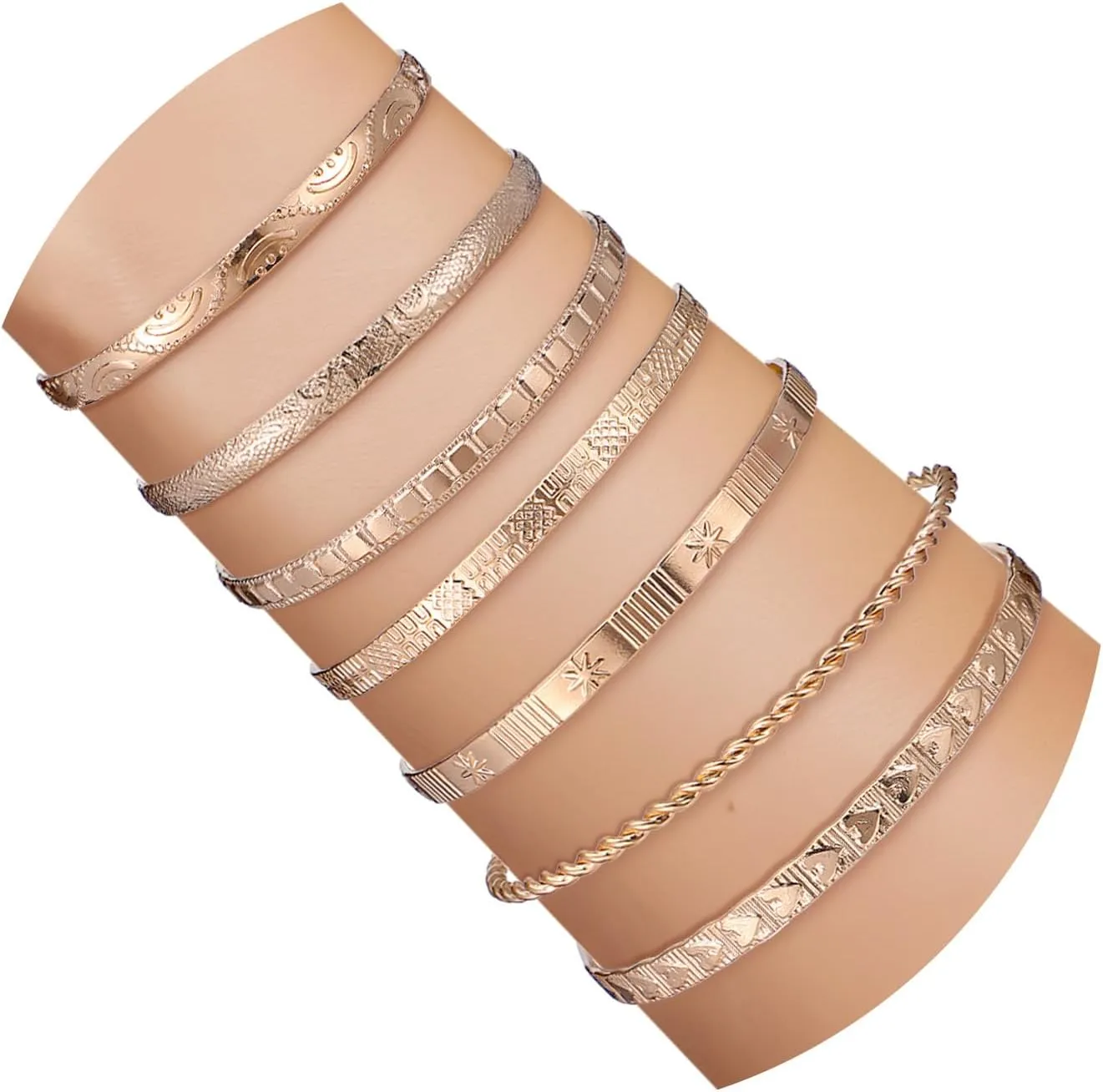 Gold Bangle Bracelets for Women, 7pcs Multi-Layered Stackable Textured Gold Chunky Bracelet for Women Cuff Bracelets Non Tarnish, Womens Plated Bracelet, Stack Boho Style Jewelry
