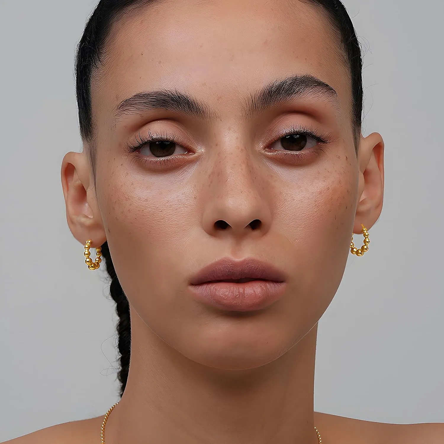 Gold Beaded Link Bamboo Hoop Earrings - Dainty Minimalist Huggie Hoop Earrings for Her