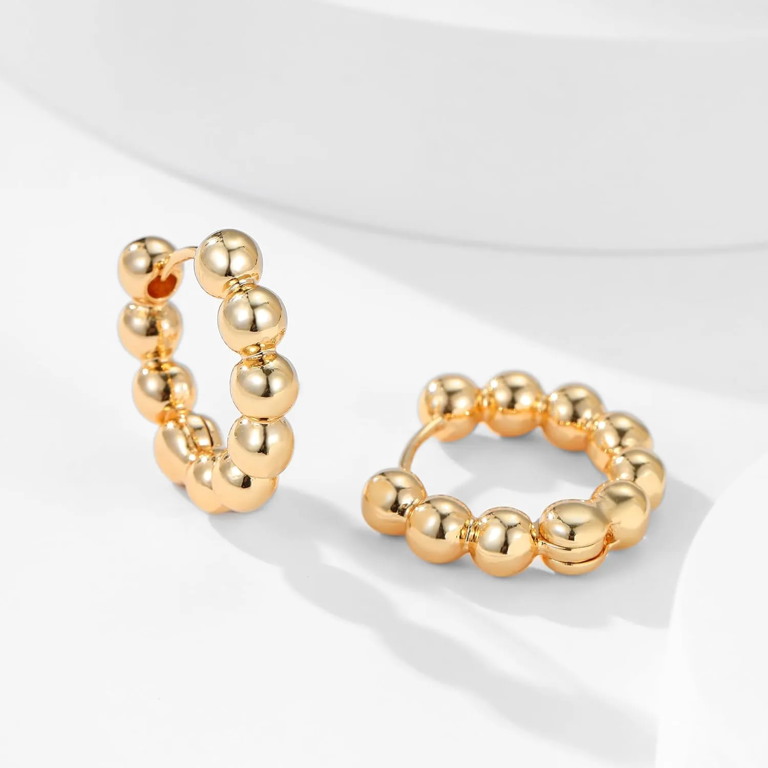 Gold Beaded Link Bamboo Hoop Earrings - Dainty Minimalist Huggie Hoop Earrings for Her