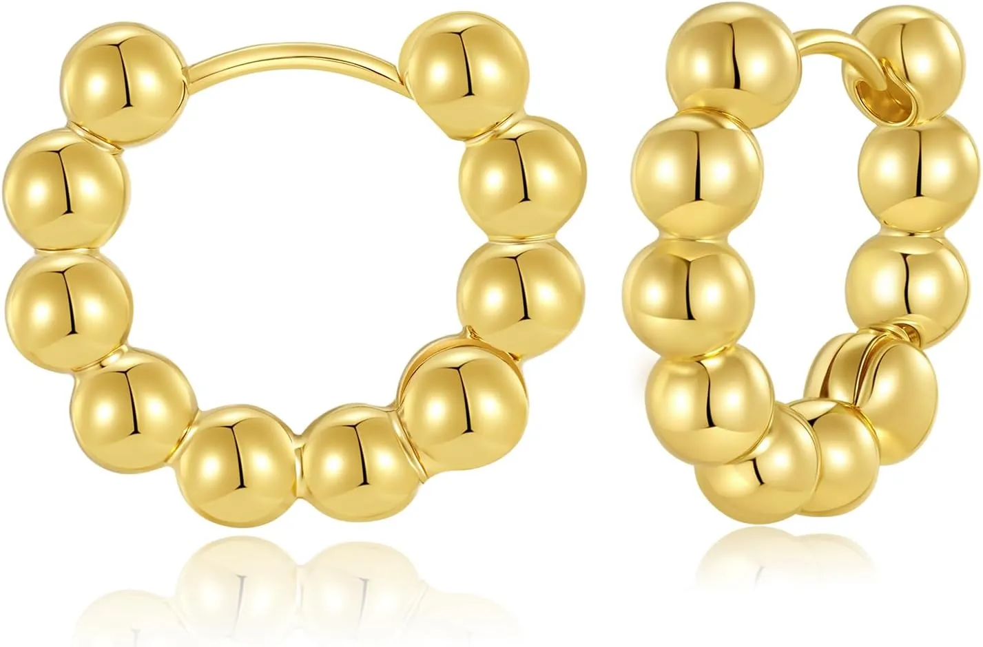 Gold Beaded Link Bamboo Hoop Earrings - Dainty Minimalist Huggie Hoop Earrings for Her