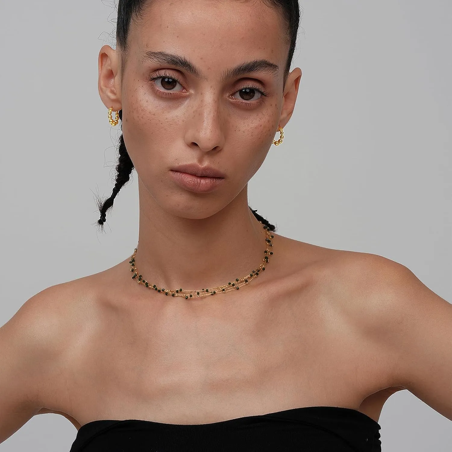 Gold Beaded Link Bamboo Hoop Earrings - Dainty Minimalist Huggie Hoop Earrings for Her