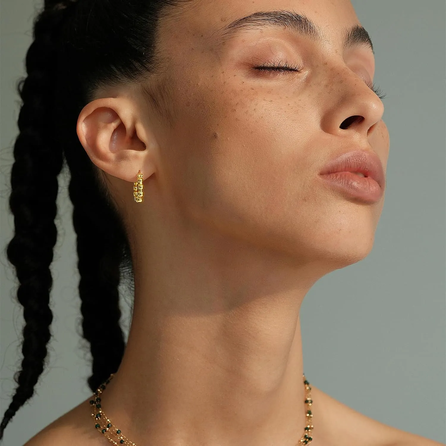 Gold Beaded Link Bamboo Hoop Earrings - Dainty Minimalist Huggie Hoop Earrings for Her