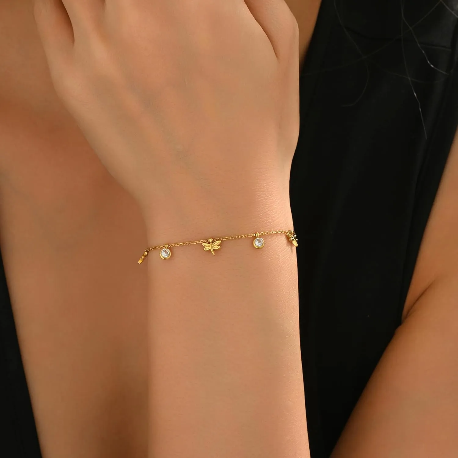Gold Bracelet for Women 18K Gold Plated Diamond Charm Bracelets Dainty Star Flower Shell Dragonfly Dolphin Bracelet Cute CZ Charm Everyday Summer Beach Jewelry