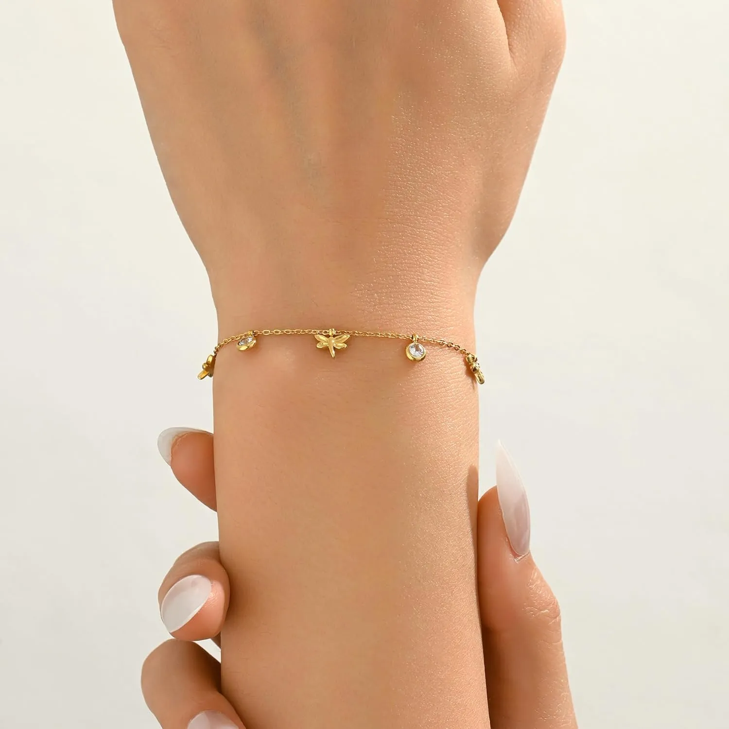 Gold Bracelet for Women 18K Gold Plated Diamond Charm Bracelets Dainty Star Flower Shell Dragonfly Dolphin Bracelet Cute CZ Charm Everyday Summer Beach Jewelry