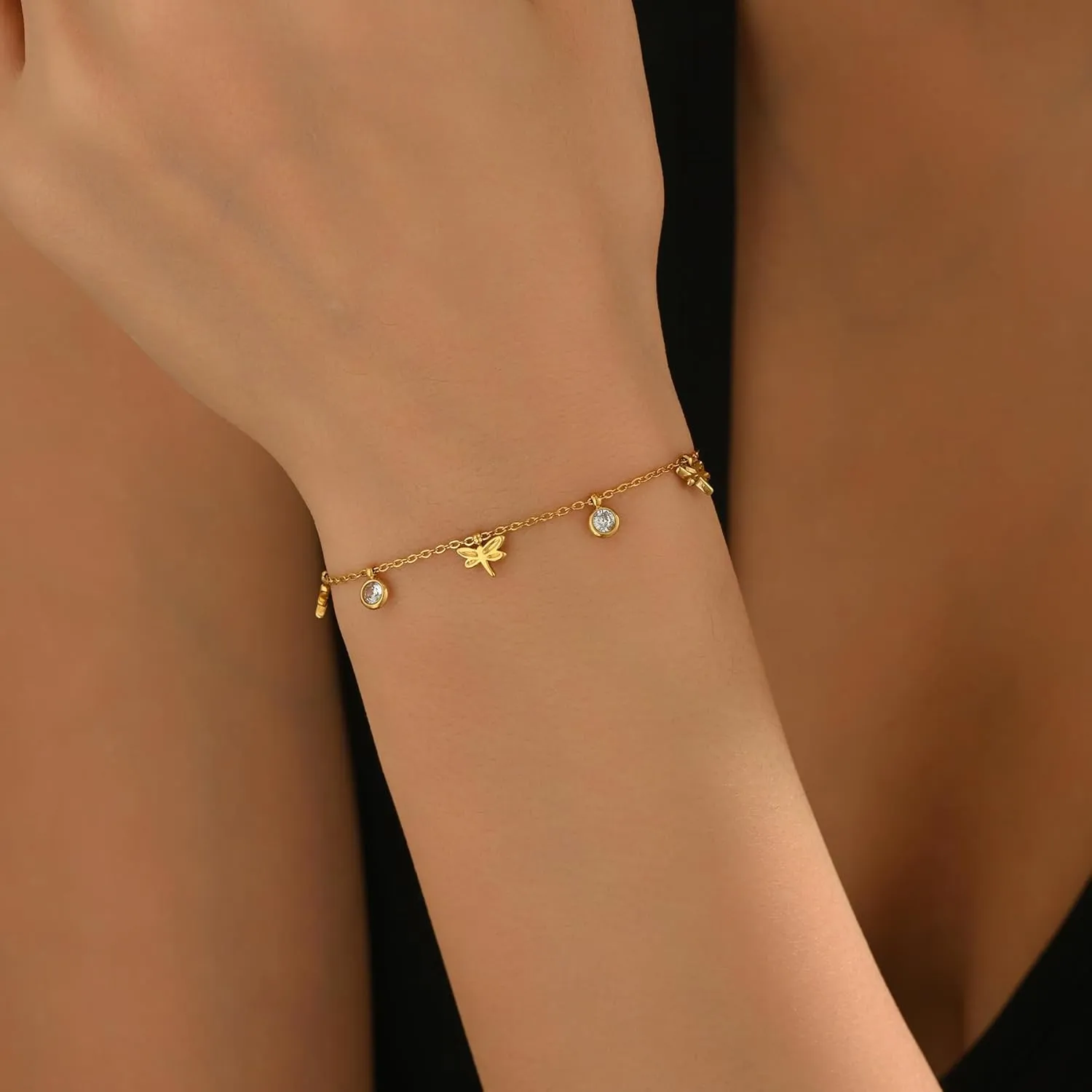 Gold Bracelet for Women 18K Gold Plated Diamond Charm Bracelets Dainty Star Flower Shell Dragonfly Dolphin Bracelet Cute CZ Charm Everyday Summer Beach Jewelry