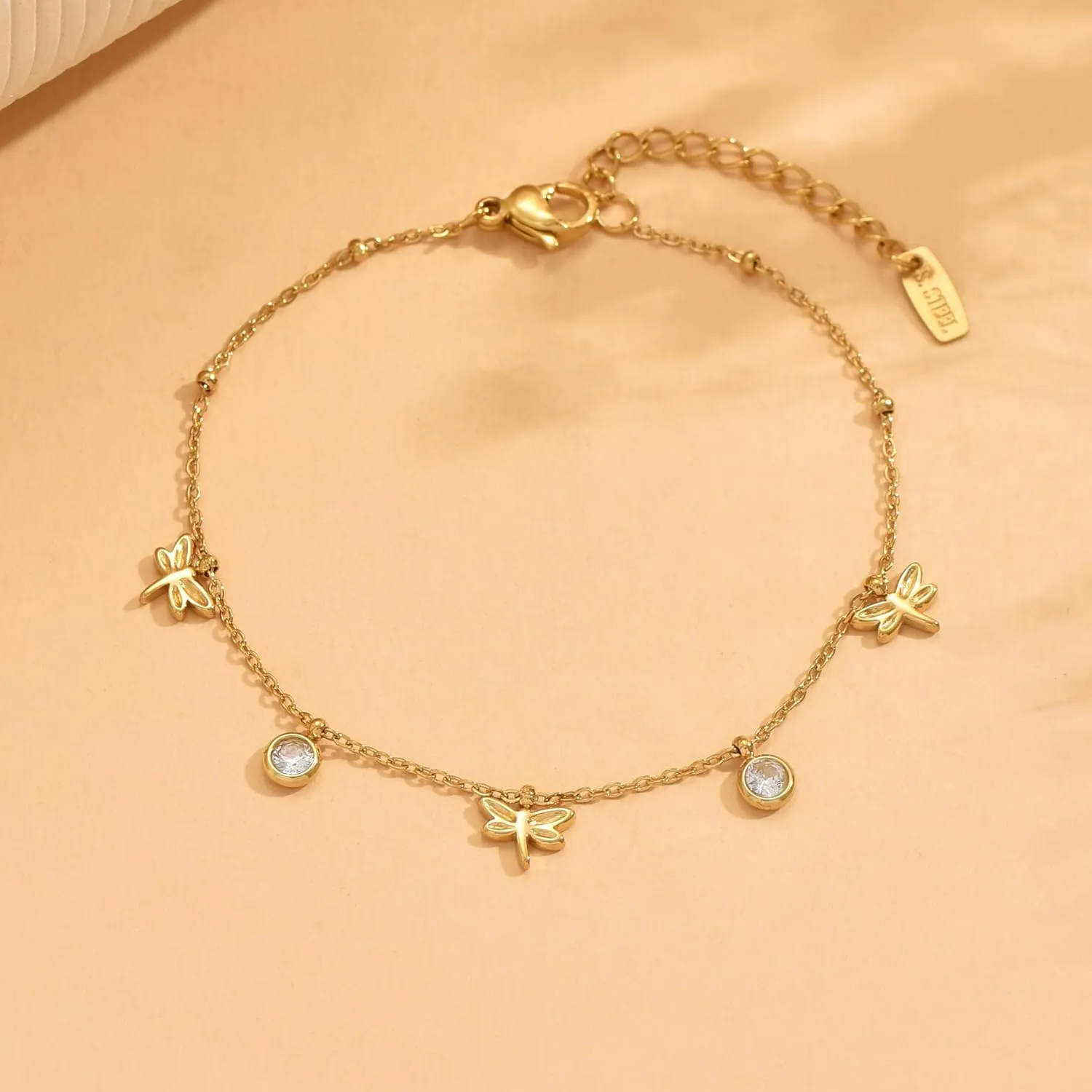 Gold Bracelet for Women 18K Gold Plated Diamond Charm Bracelets Dainty Star Flower Shell Dragonfly Dolphin Bracelet Cute CZ Charm Everyday Summer Beach Jewelry