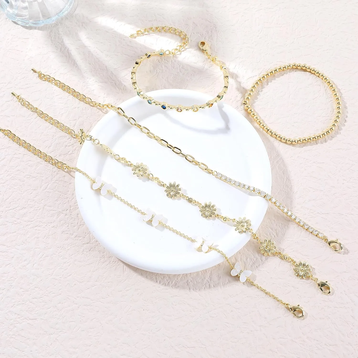Gold Bracelets Set for Women 14K Gold Plated Stackable Twisted Bangle Rolo Chain Bracelets Layered Diamond Cubic Zirconia Charm Cuban Chain Gold Ball Beads Stretch Bracelets Trendy Jewelry Gift
