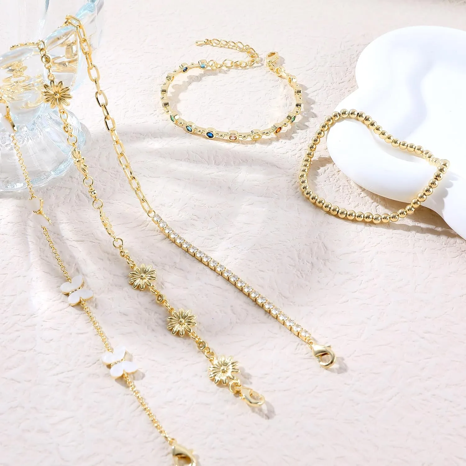 Gold Bracelets Set for Women 14K Gold Plated Stackable Twisted Bangle Rolo Chain Bracelets Layered Diamond Cubic Zirconia Charm Cuban Chain Gold Ball Beads Stretch Bracelets Trendy Jewelry Gift