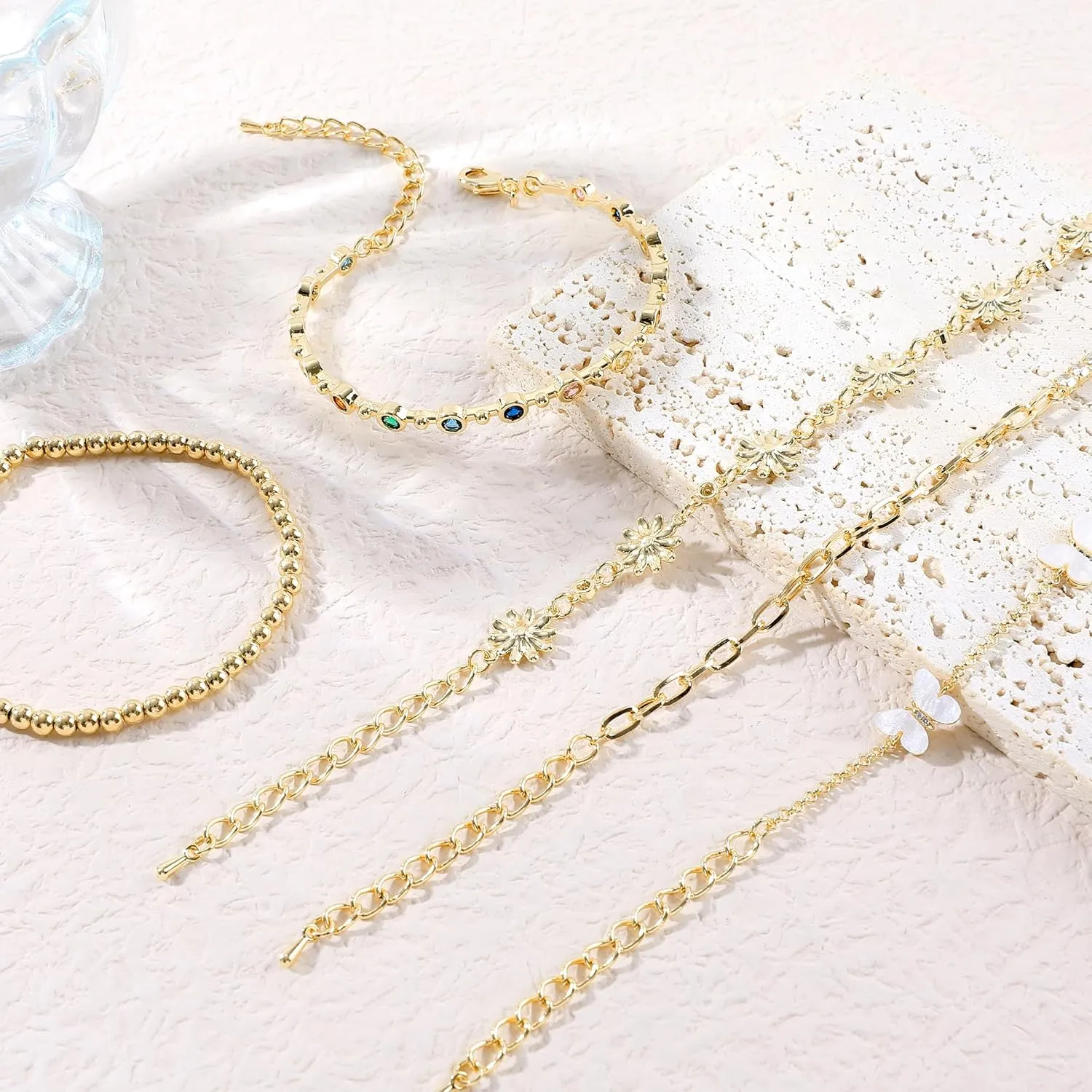 Gold Bracelets Set for Women 14K Gold Plated Stackable Twisted Bangle Rolo Chain Bracelets Layered Diamond Cubic Zirconia Charm Cuban Chain Gold Ball Beads Stretch Bracelets Trendy Jewelry Gift