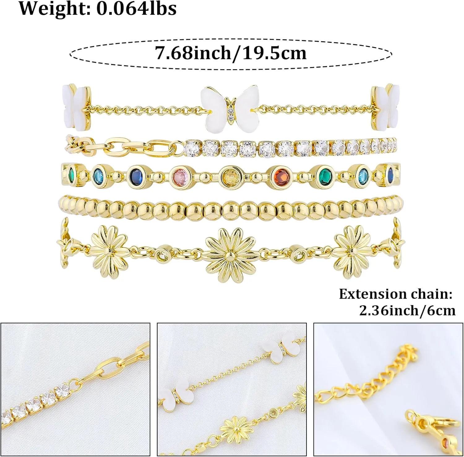 Gold Bracelets Set for Women 14K Gold Plated Stackable Twisted Bangle Rolo Chain Bracelets Layered Diamond Cubic Zirconia Charm Cuban Chain Gold Ball Beads Stretch Bracelets Trendy Jewelry Gift