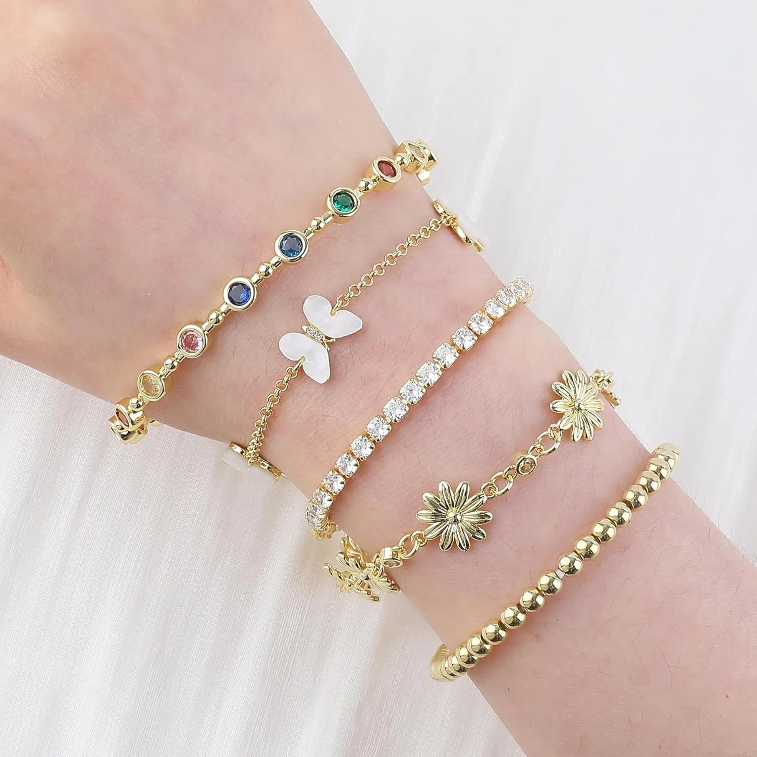 Gold Bracelets Set for Women 14K Gold Plated Stackable Twisted Bangle Rolo Chain Bracelets Layered Diamond Cubic Zirconia Charm Cuban Chain Gold Ball Beads Stretch Bracelets Trendy Jewelry Gift