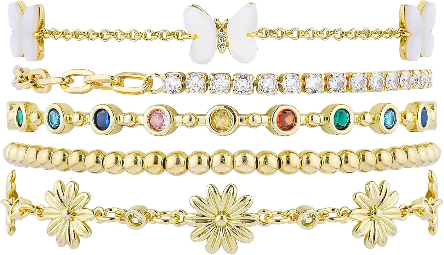 Gold Bracelets Set for Women 14K Gold Plated Stackable Twisted Bangle Rolo Chain Bracelets Layered Diamond Cubic Zirconia Charm Cuban Chain Gold Ball Beads Stretch Bracelets Trendy Jewelry Gift