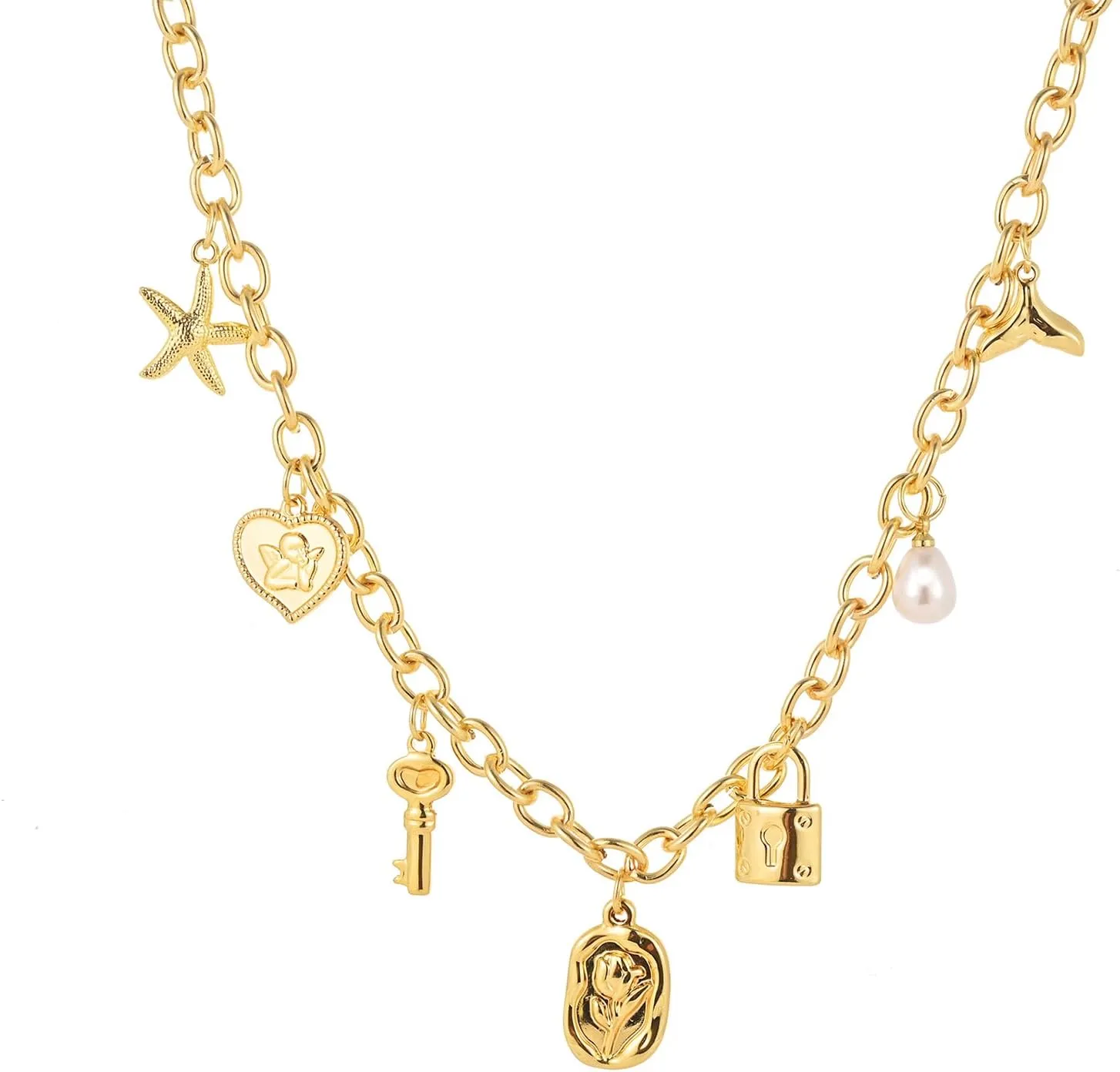 Gold Charm Necklace for Women Boho Shell Conch Starfish Charm Heart Square Pendant Necklace Summer Beach Jewelry Gifts for Women