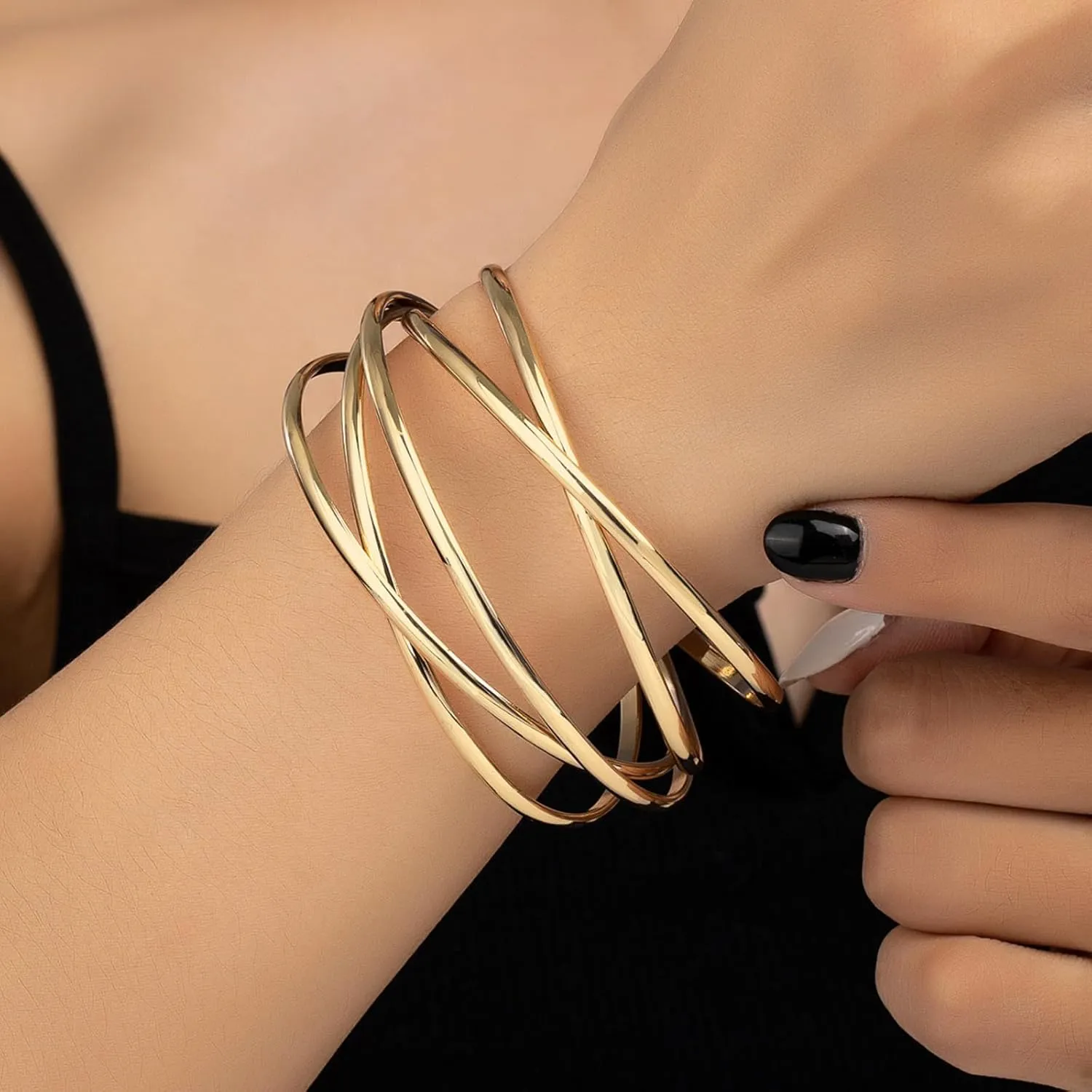 Gold Chunky Cuff Bracelet for Women,Boho Twisted Multi-layer Cross Wire Bangle Bracelets Punk Wide Open Wrist Arm Cuffs Jewelry