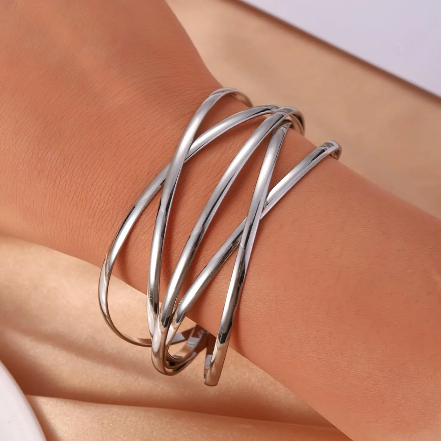 Gold Chunky Cuff Bracelet for Women,Boho Twisted Multi-layer Cross Wire Bangle Bracelets Punk Wide Open Wrist Arm Cuffs Jewelry