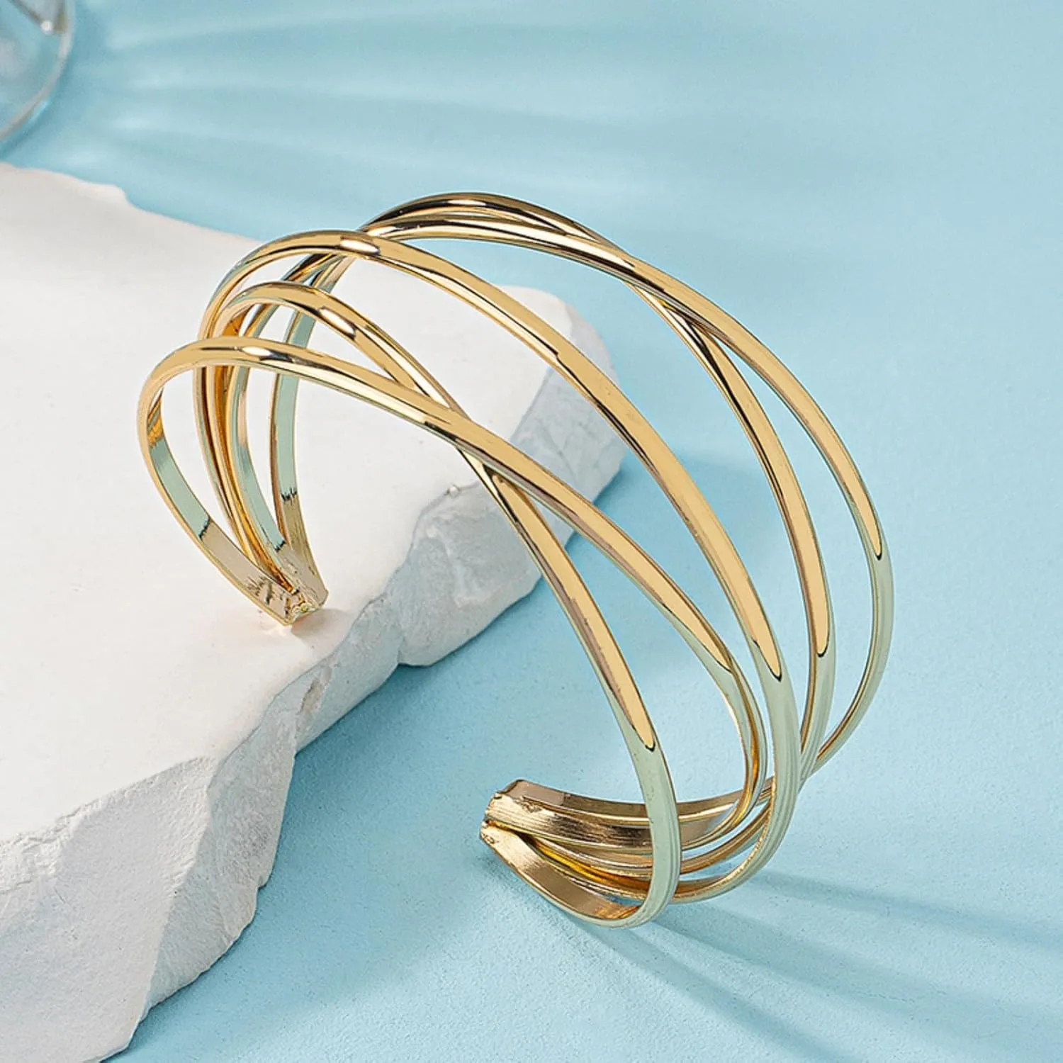 Gold Chunky Cuff Bracelet for Women,Boho Twisted Multi-layer Cross Wire Bangle Bracelets Punk Wide Open Wrist Arm Cuffs Jewelry