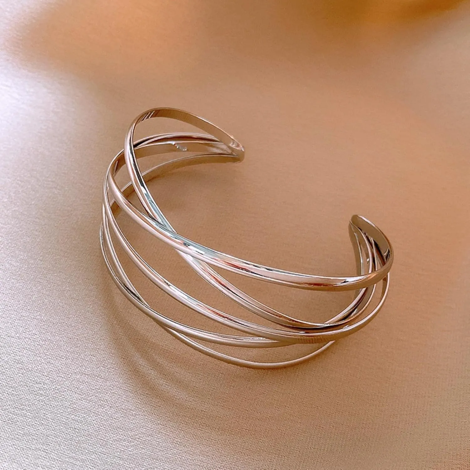 Gold Chunky Cuff Bracelet for Women,Boho Twisted Multi-layer Cross Wire Bangle Bracelets Punk Wide Open Wrist Arm Cuffs Jewelry