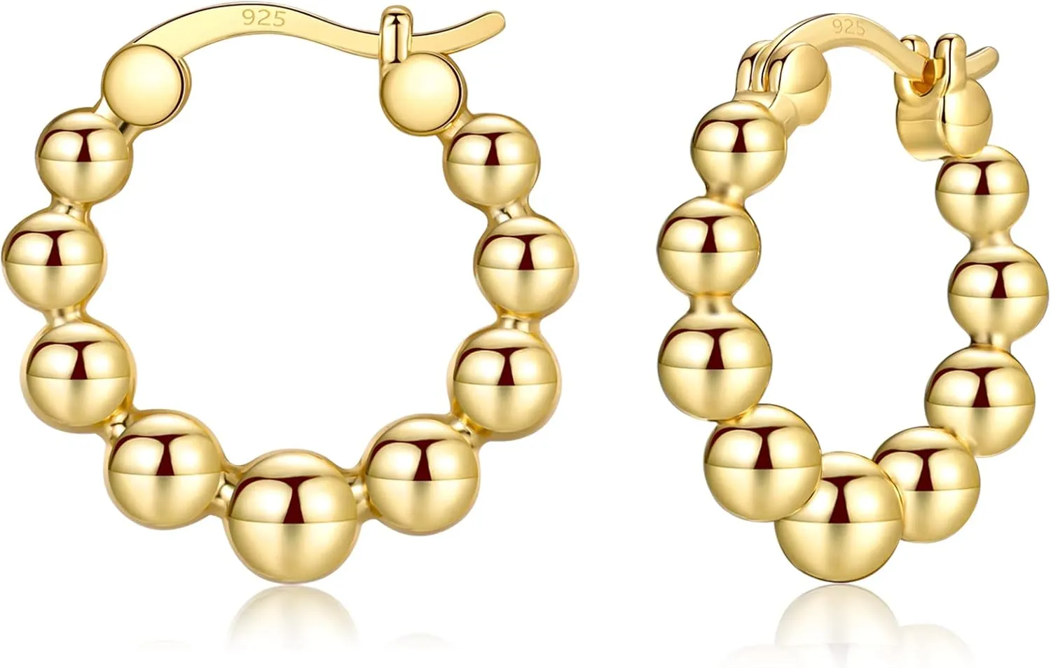 Gold Chunky Hoop Earrings for Women | Thick 925 Sterling Silver Post Beaded Ball Huggies Earrings Lightweight Hypoallergenic Hoops Jewelry Gifts, 10/12/15mm