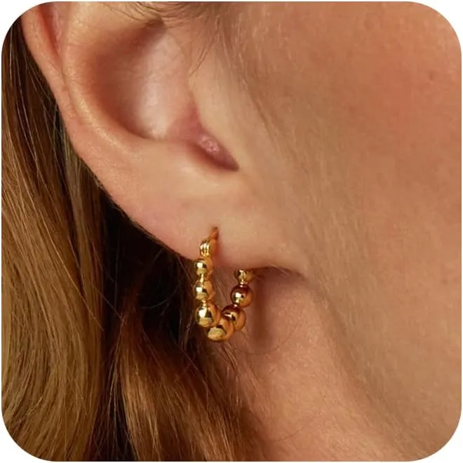 Gold Hoop Earrings for Women Trendy 14k Gold Plated Chunky Small Huggie Hoop Earrings Dainty Triangle Beaded Hypoallergenic Twisted Hoop Earrings for Women Jewelry