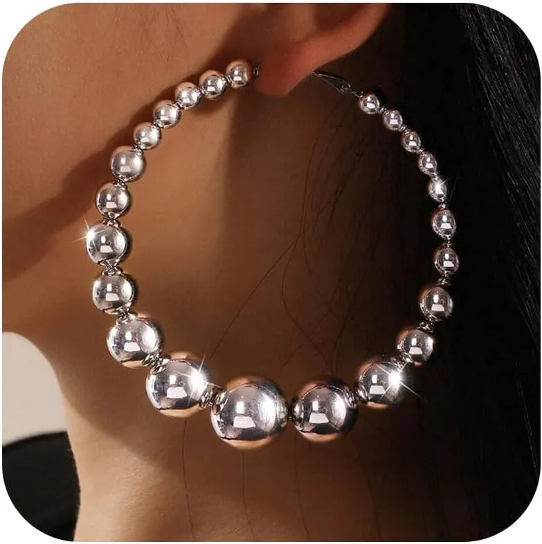 Gold Huggie Hoop Earrings for Women Beaded Chunky Exaggerated Big Hoops Earrings Thick Large Hoop Earring Jewelry Gift