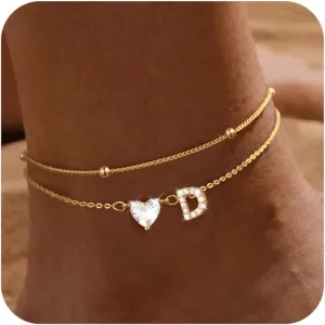 Gold Initial Ankle Bracelets for Women, 14K Gold Plated Dainty Love Heart CZ Trendy Layered Letter A-Z Waterproof Anklets Fashion Jewelry Gift for Women