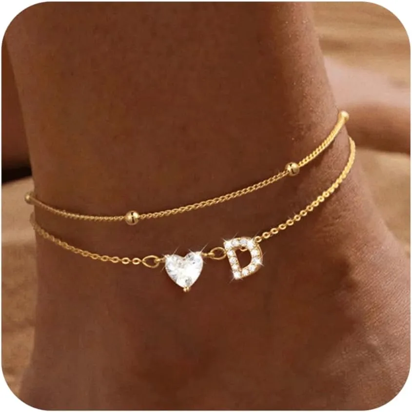 Gold Initial Ankle Bracelets for Women, 14K Gold Plated Dainty Love Heart CZ Trendy Layered Letter A-Z Waterproof Anklets Fashion Jewelry Gift for Women
