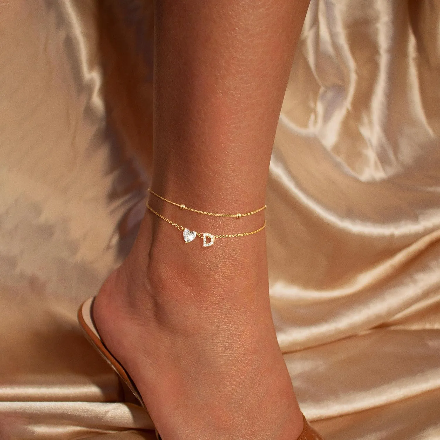 Gold Initial Ankle Bracelets for Women, 14K Gold Plated Dainty Love Heart CZ Trendy Layered Letter A-Z Waterproof Anklets Fashion Jewelry Gift for Women